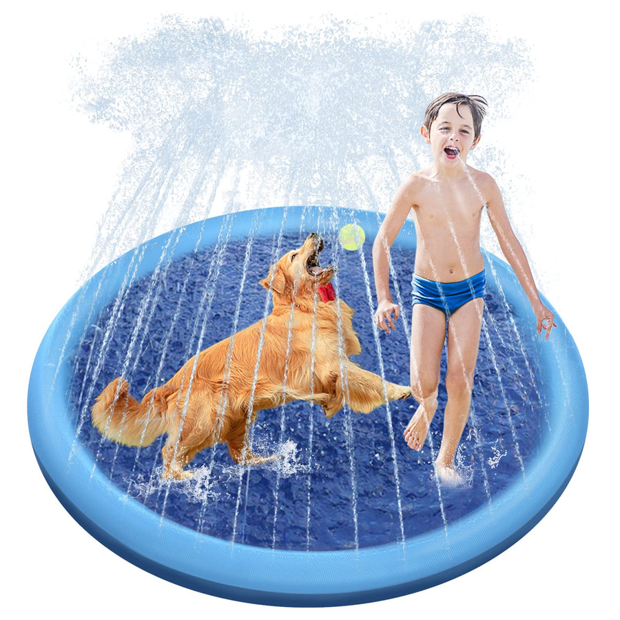 Raxurt Dog Pool 59in/67in Anti-Slip Splash Sprinkler Pad for Dogs 0.55mm Thickened Durable Upgrade Bath Pool Pet Summer Outdoor Water Toys Backyard Fountain Play Mat（150cm） New Version