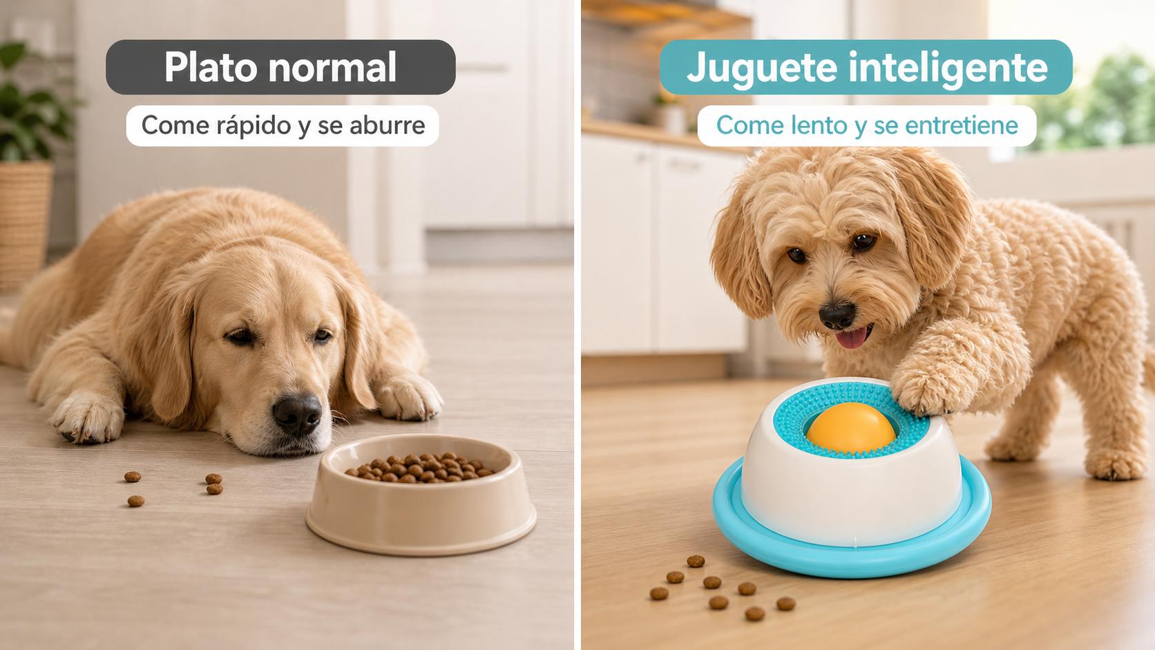Comparativa plato normal contra juguete inteligente para mascotas