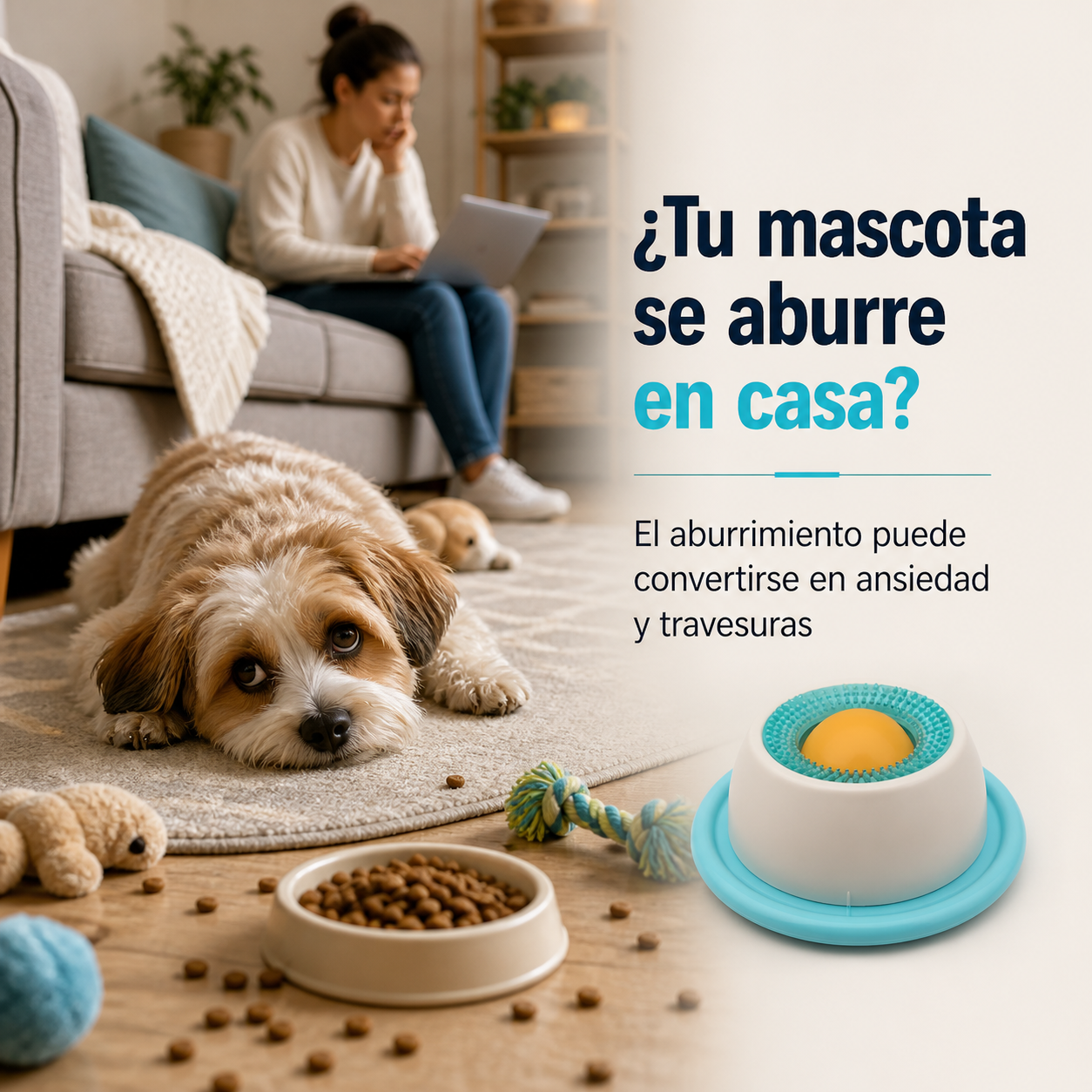 Mascota aburrida en casa antes de usar juguete interactivo