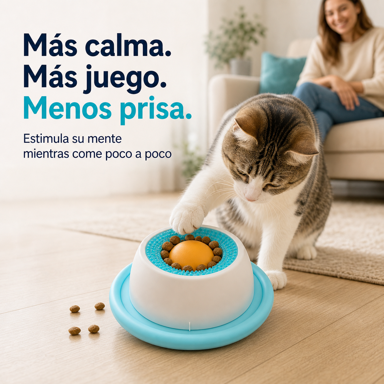 Mascota usando el juguete inteligente para comer lento y entretenerse
